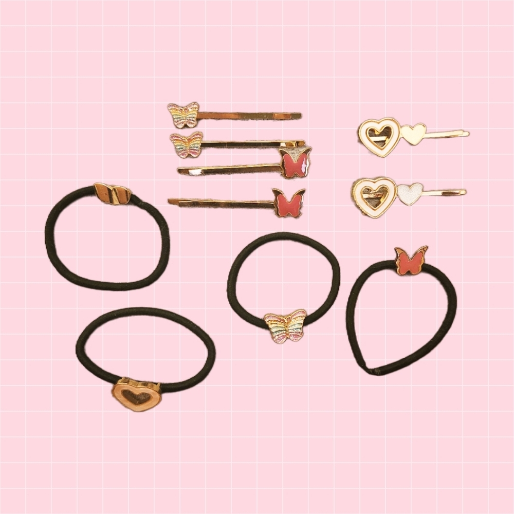 Gold Accent Pink Butterfly & Heart Hair Ties and Clipd